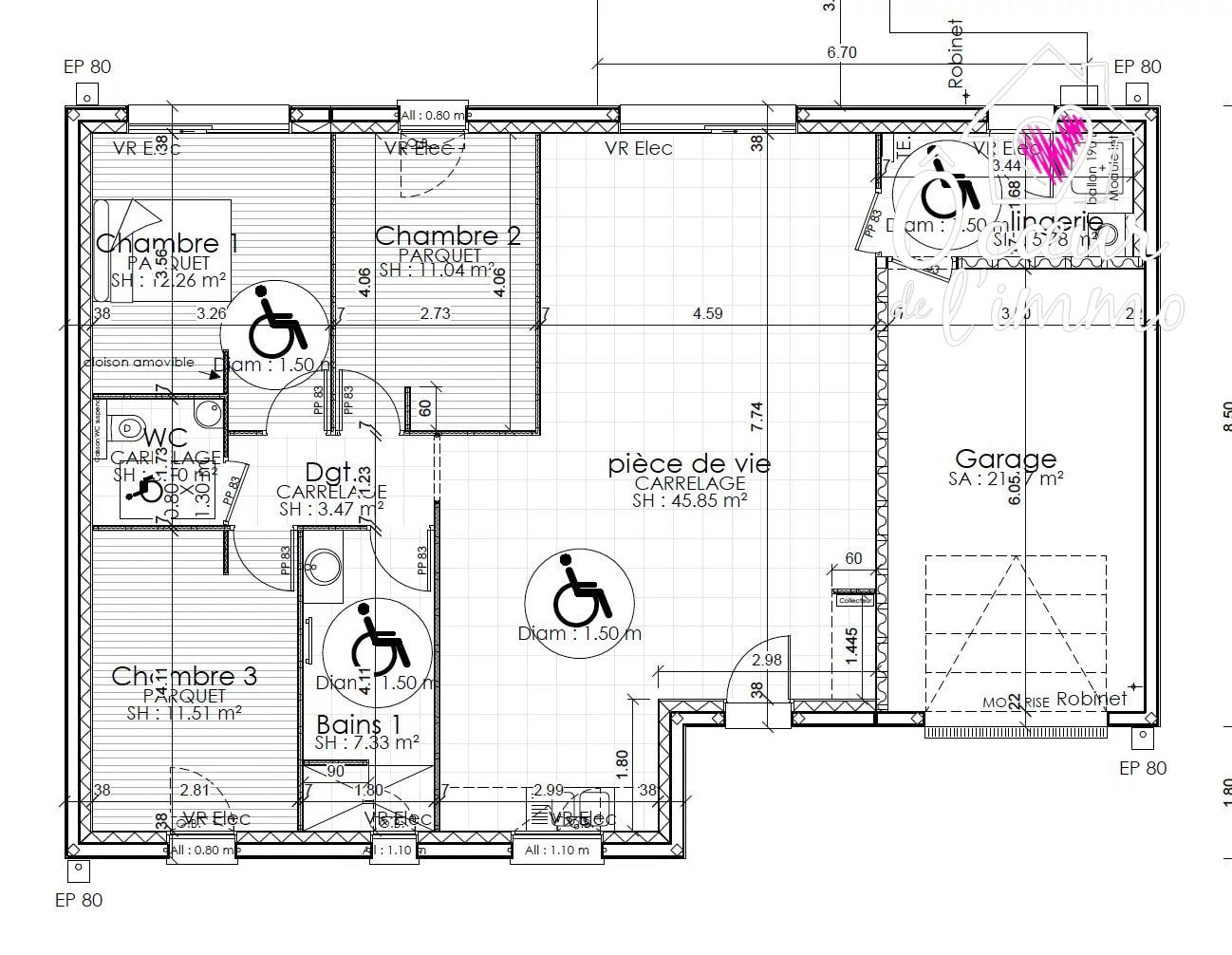 Plain pied PMR : 3 chambres + garage