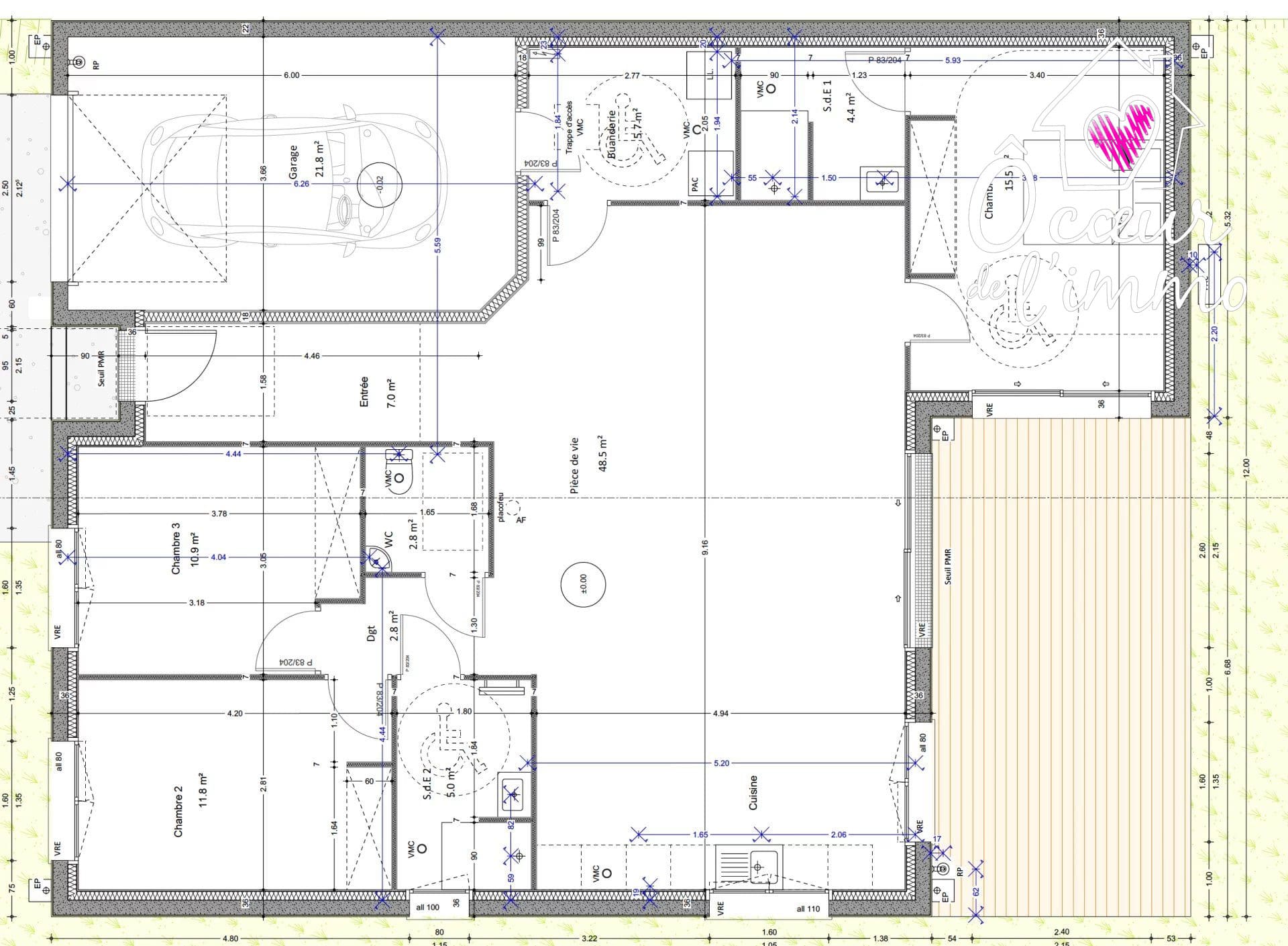 Beau plain pied : 3 chambres de 115 m2 + 1 garage.